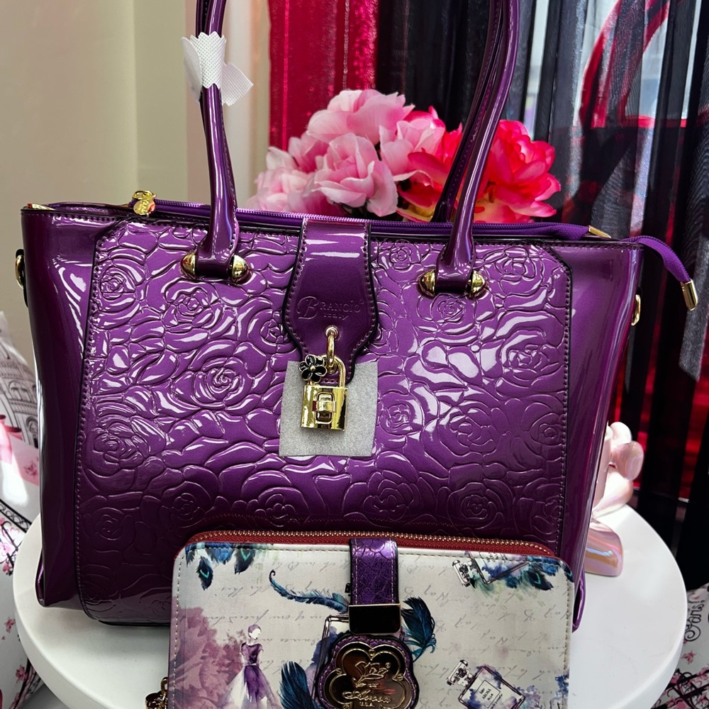 Purple Floral-Embossed Patent Tote Bag with Gold Lock
